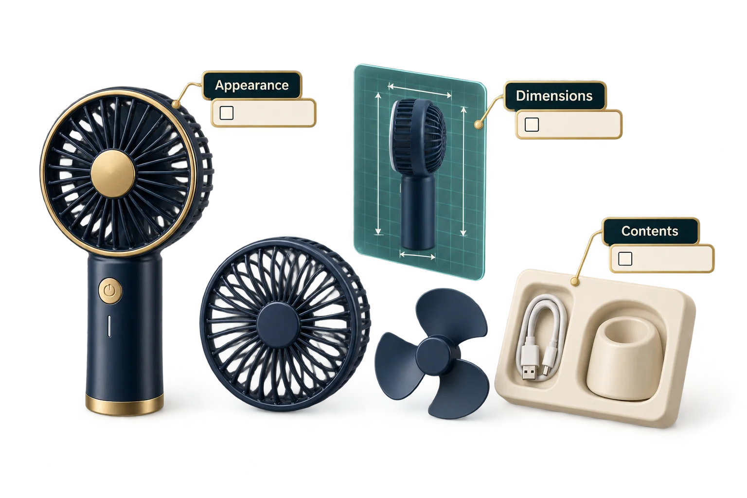 A fan inspection scope separates appearance, dimensions and included accessories.