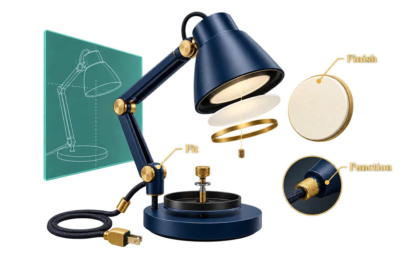 An exploded lamp shows finish, fit and function requirements against a reference.