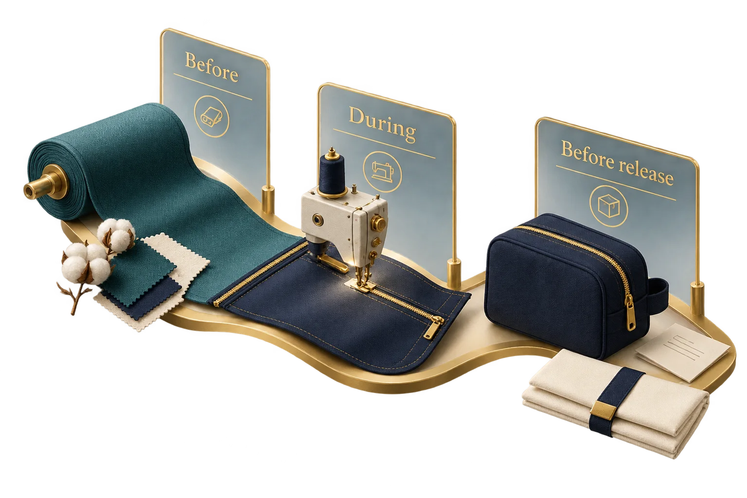 Quality checkpoints follow fabric, sewing and packing stages of a pouch.