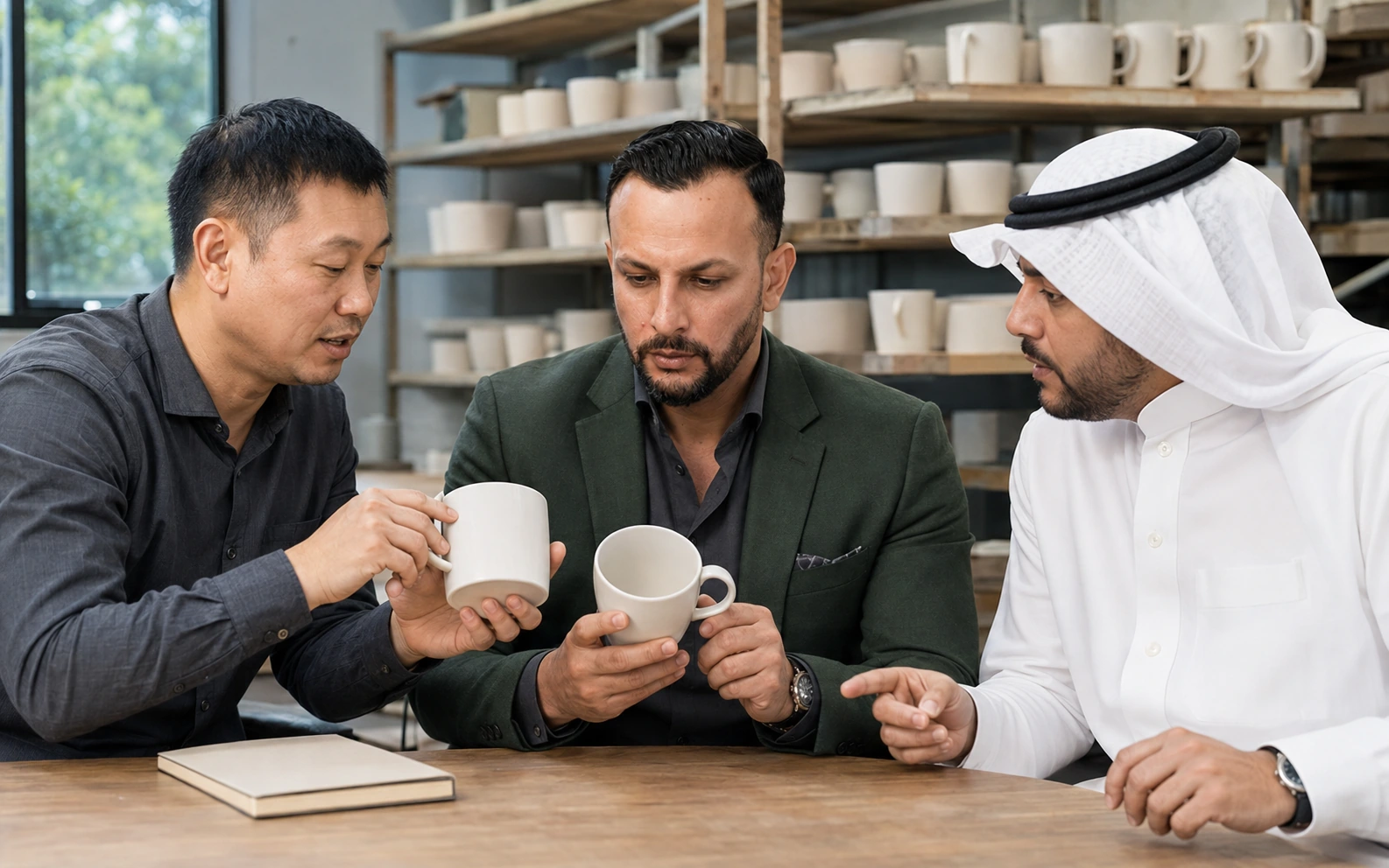 Mohamed Lifa discusses ceramic handle construction with a Chinese factory owner and a Saudi hospitality buyer.