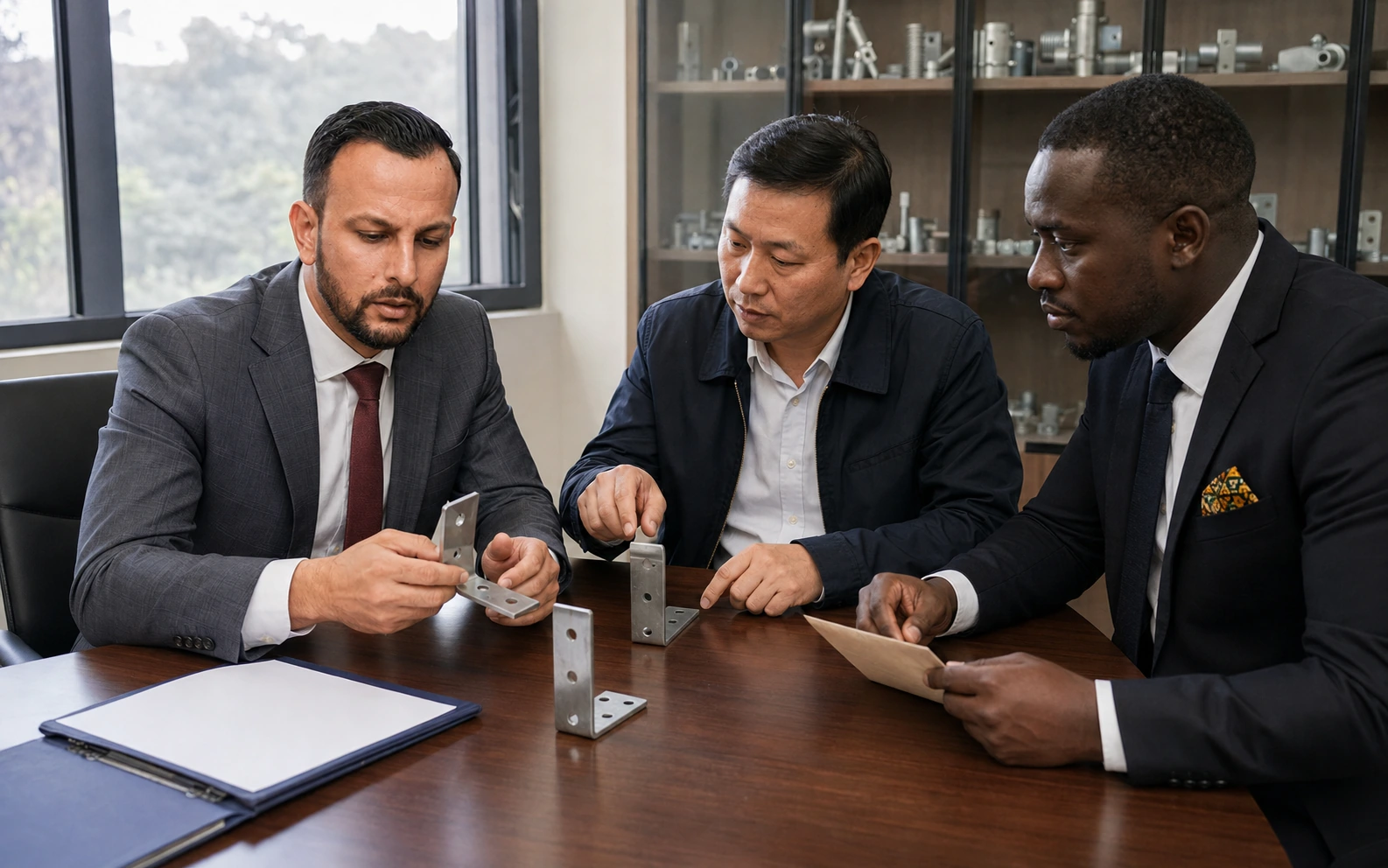 Mohamed Lifa compares bracket samples and an unresolved specification difference with a Chinese quality director and a Kenyan importer.