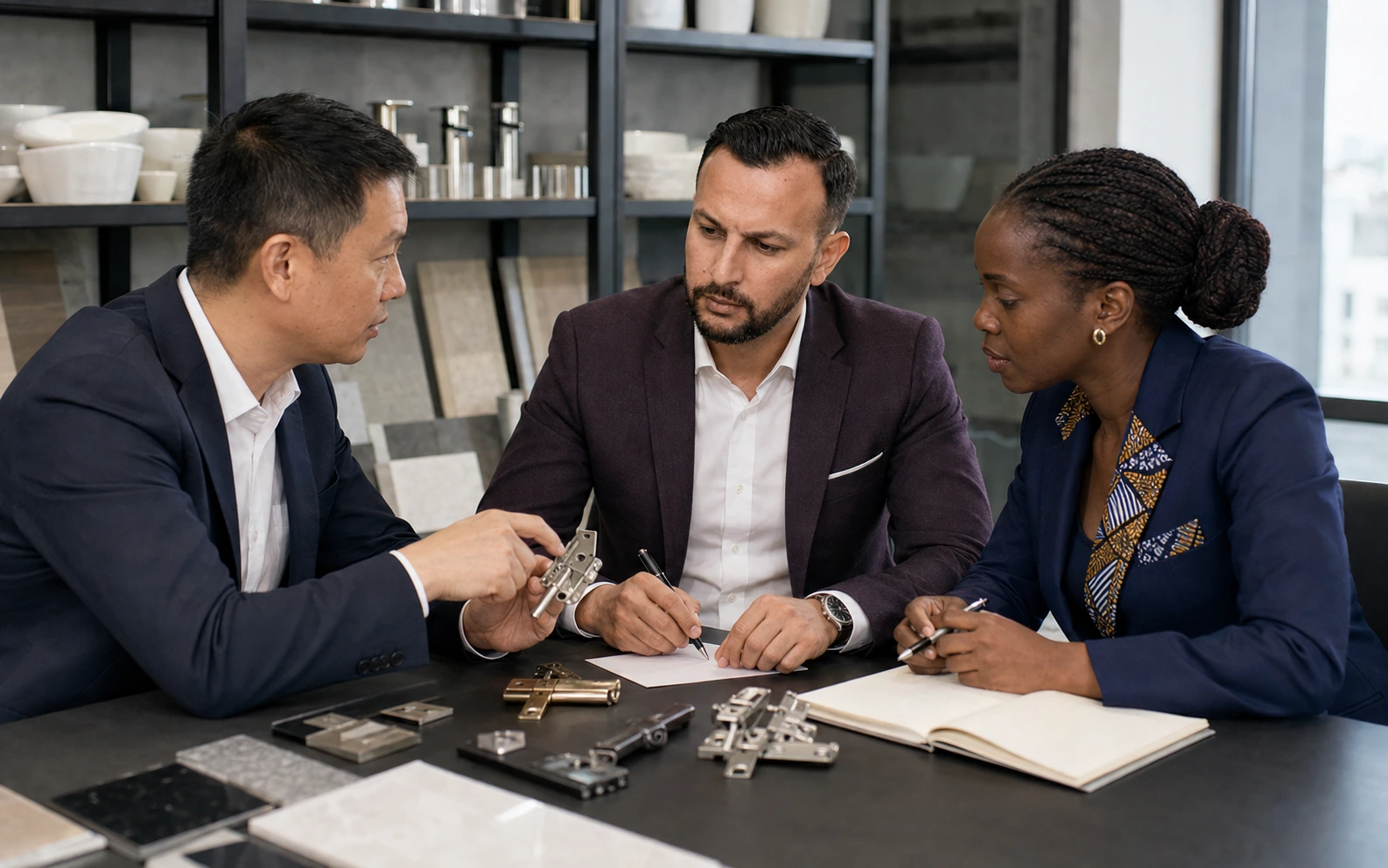 Mohamed Lifa discusses a hinge sample and follow-up questions with a Chinese supplier and a Kenyan buyer.