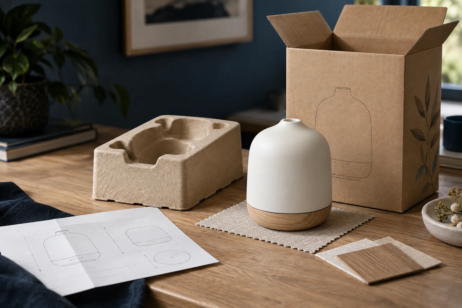 A diffuser sample, retail carton and protective insert prepared for a packing review.