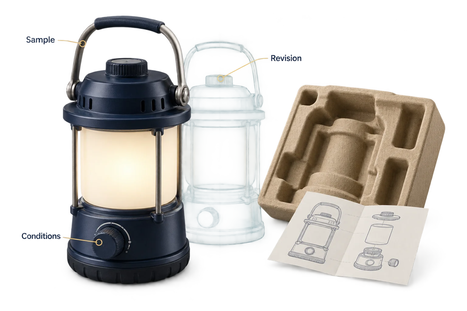 A lantern sample, its packing insert and drawing keep the production reference together.