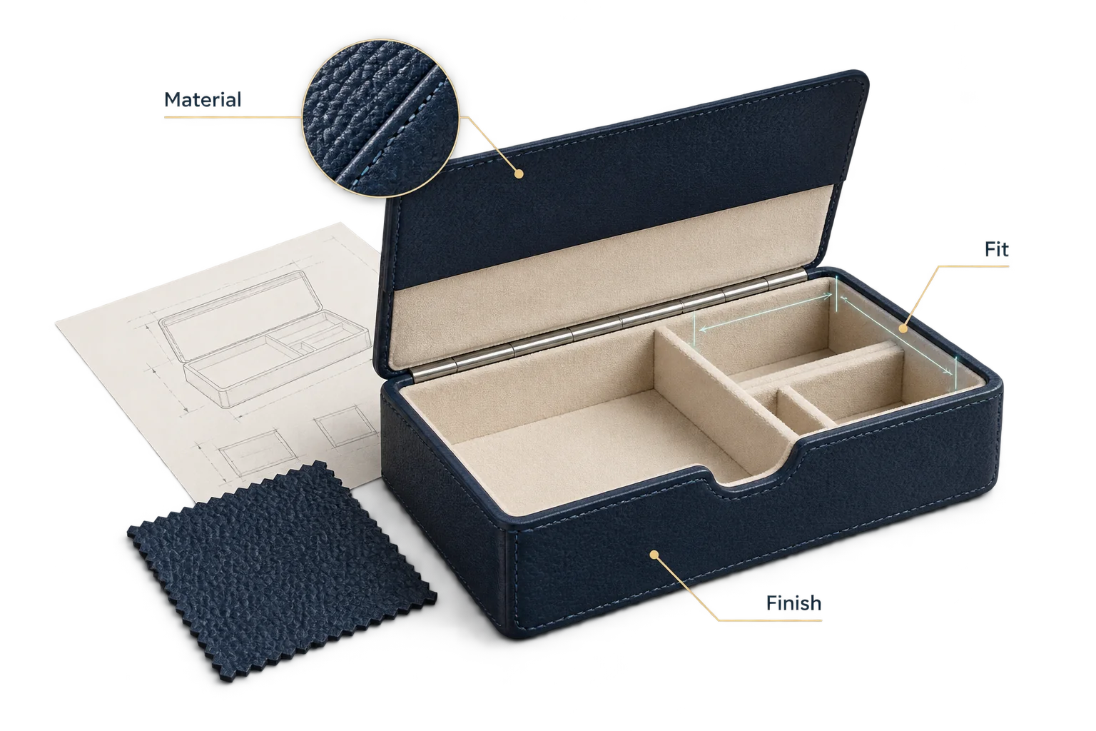 An organizer sample links leather, compartment fit and finish to a product brief.