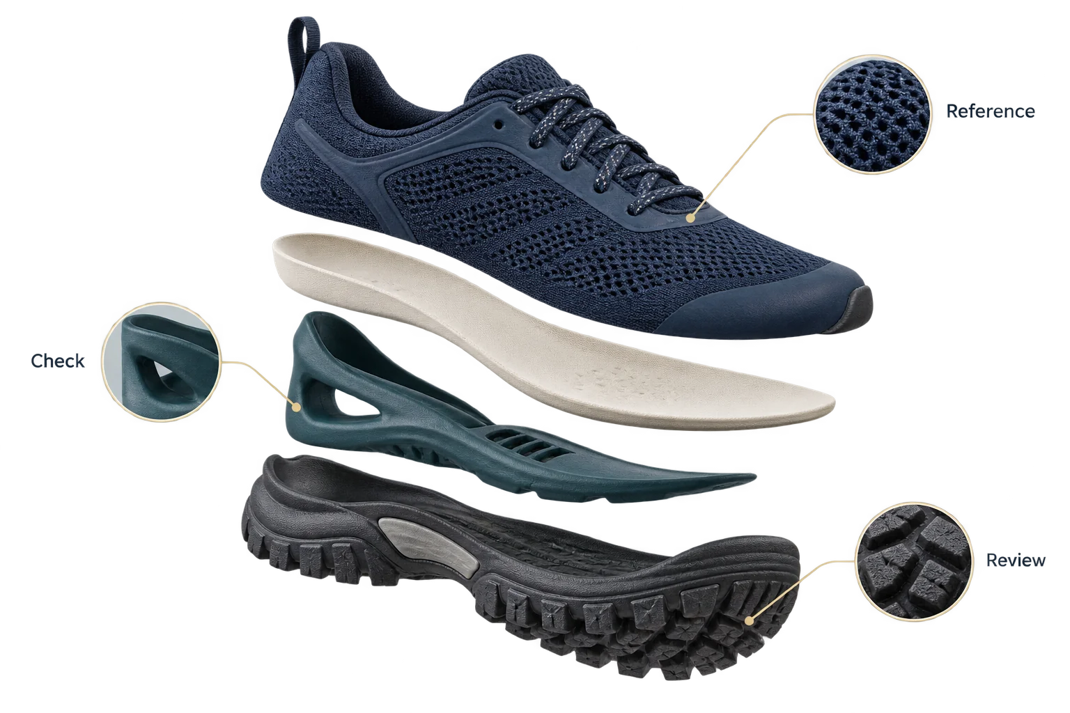 A walking-shoe sample exposes upper, footbed, heel support and outsole for review.