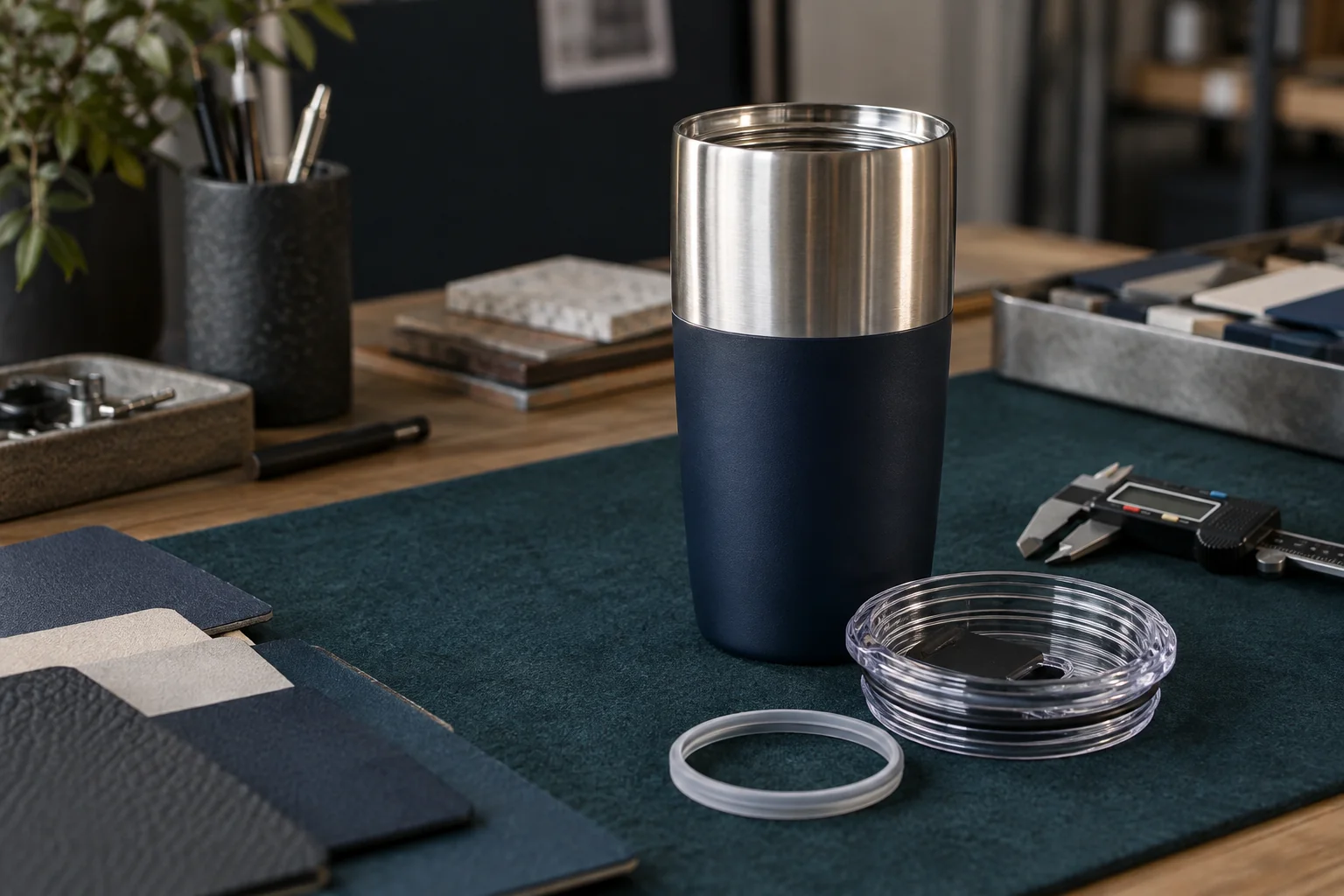 A tumbler, lid and gasket prepared for a sample fit review.