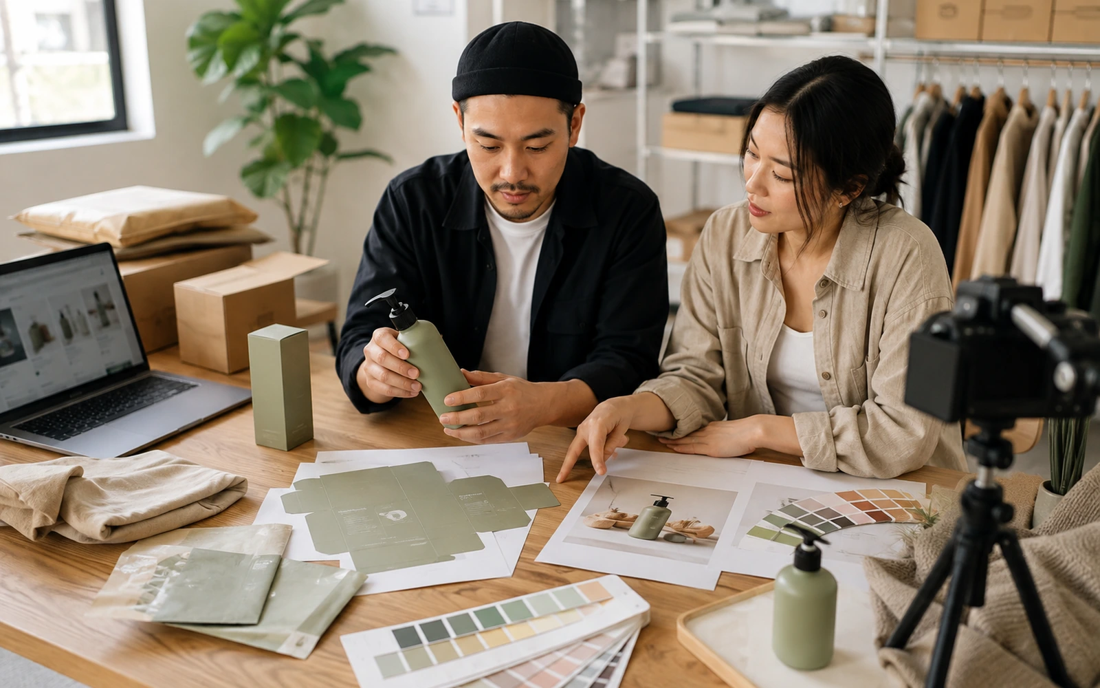 Private-label brand team reviewing product samples, artwork, and packaging