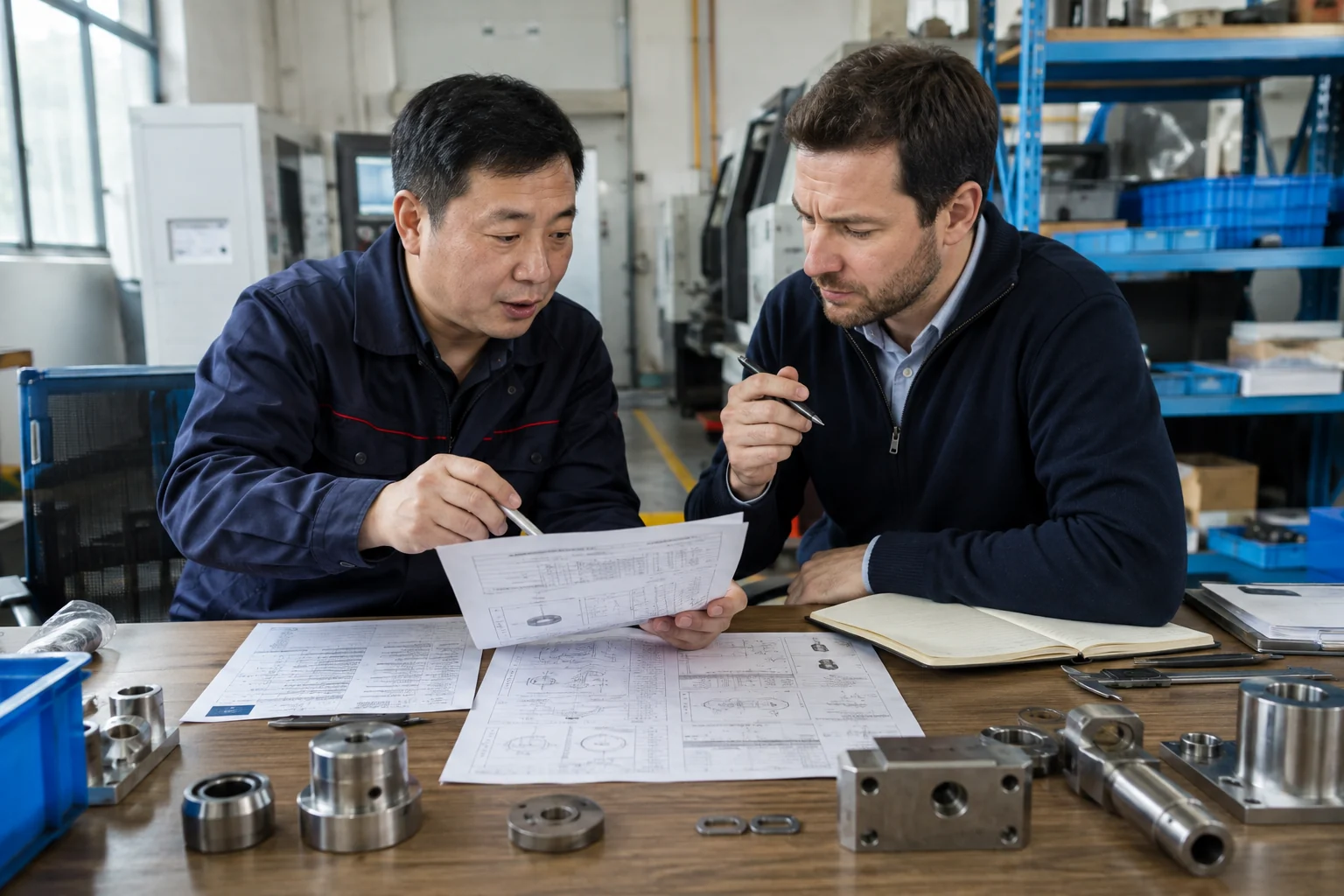 Factory representative and buyer compare machined-part drawings and requirements at a workbench.