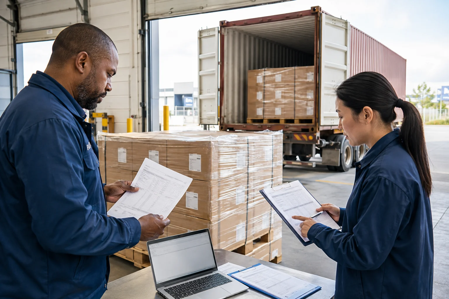 Logistics staff compare export documents with a wrapped pallet beside an open container.