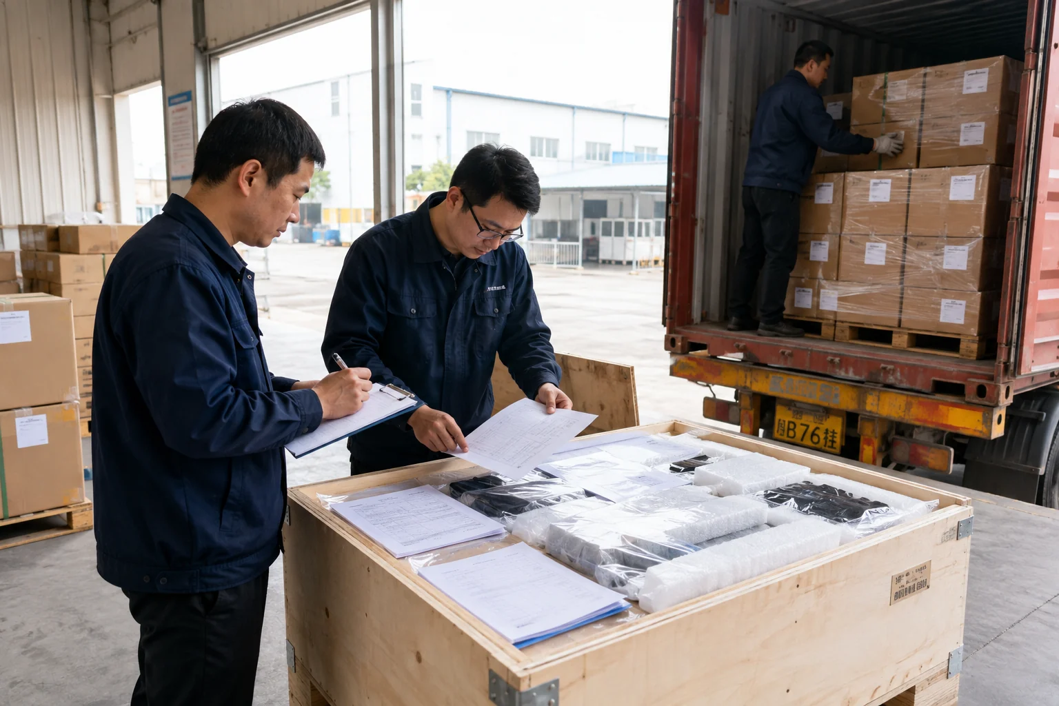 Warehouse staff check shipping paperwork beside a crated load and a container.