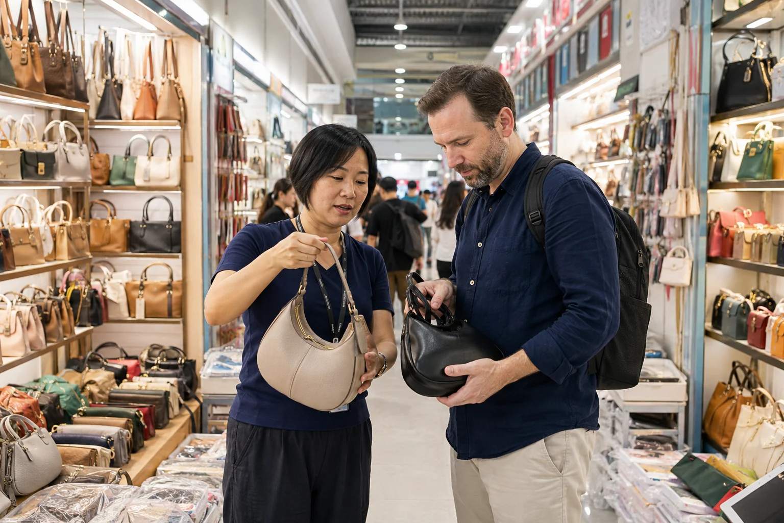 Buyer compares two handbags with a sourcing specialist in a busy Guangzhou wholesale market aisle.