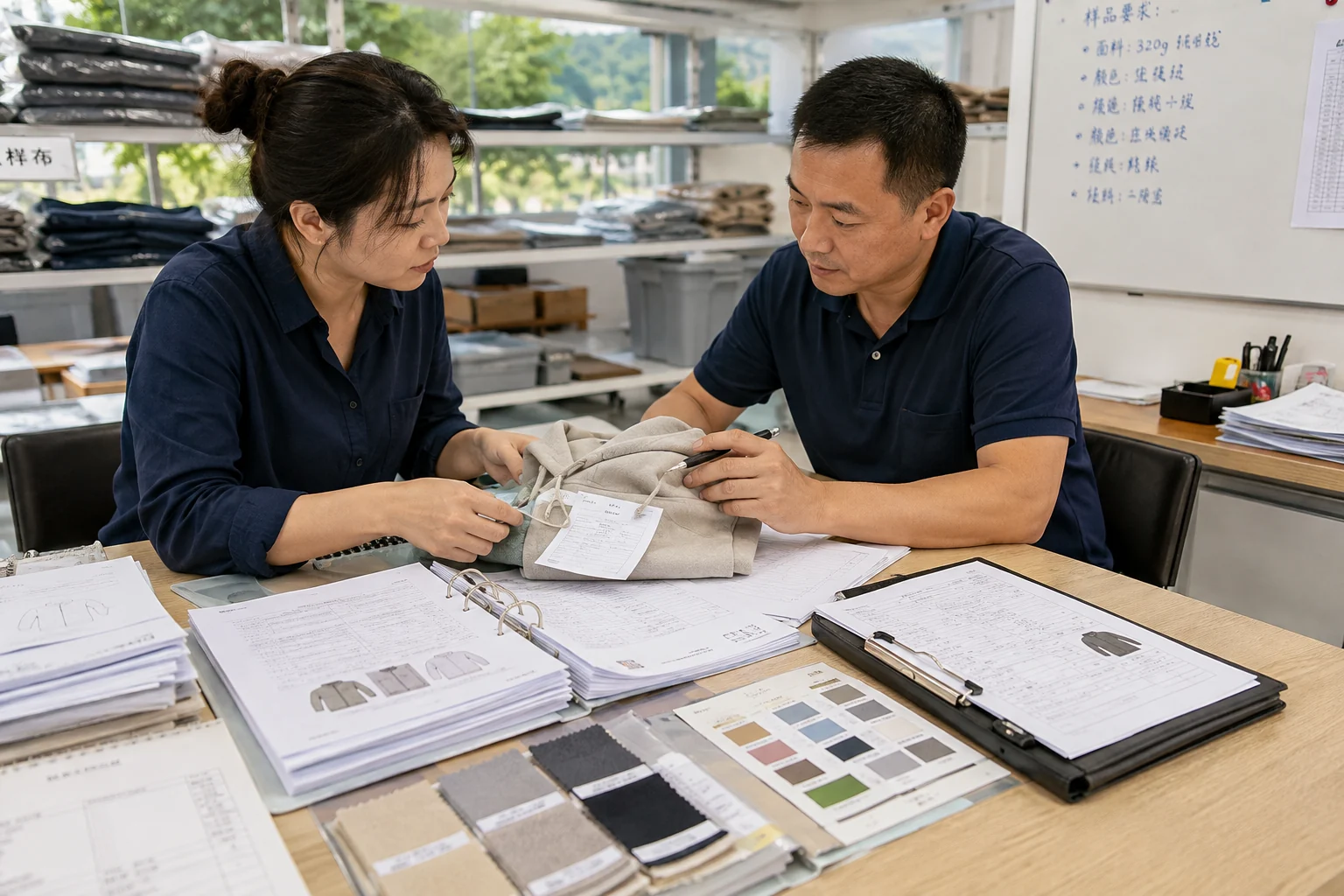 Supplier and sourcing specialist compare fabric and trim samples for a sample request.