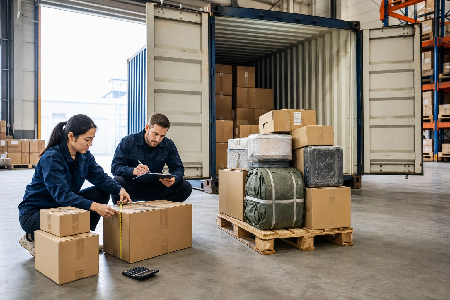 Logistics team measures cartons beside mixed palletized cargo and a partially loaded container.