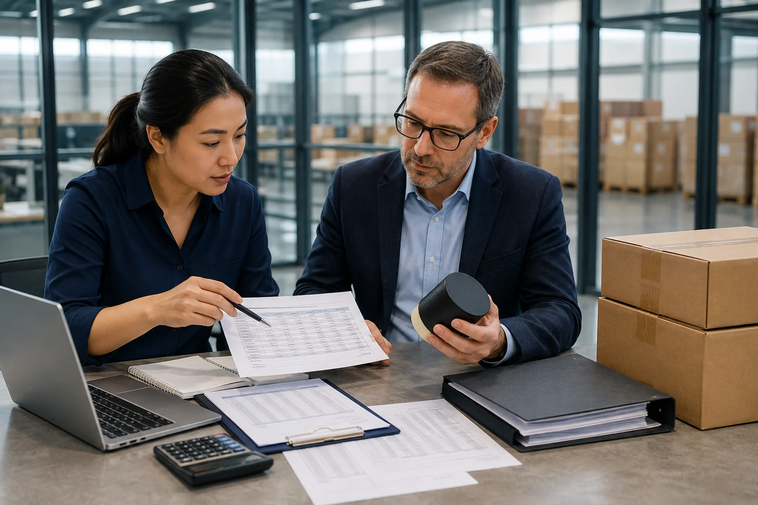 Procurement and finance staff review payment milestones with a product sample and release documents.