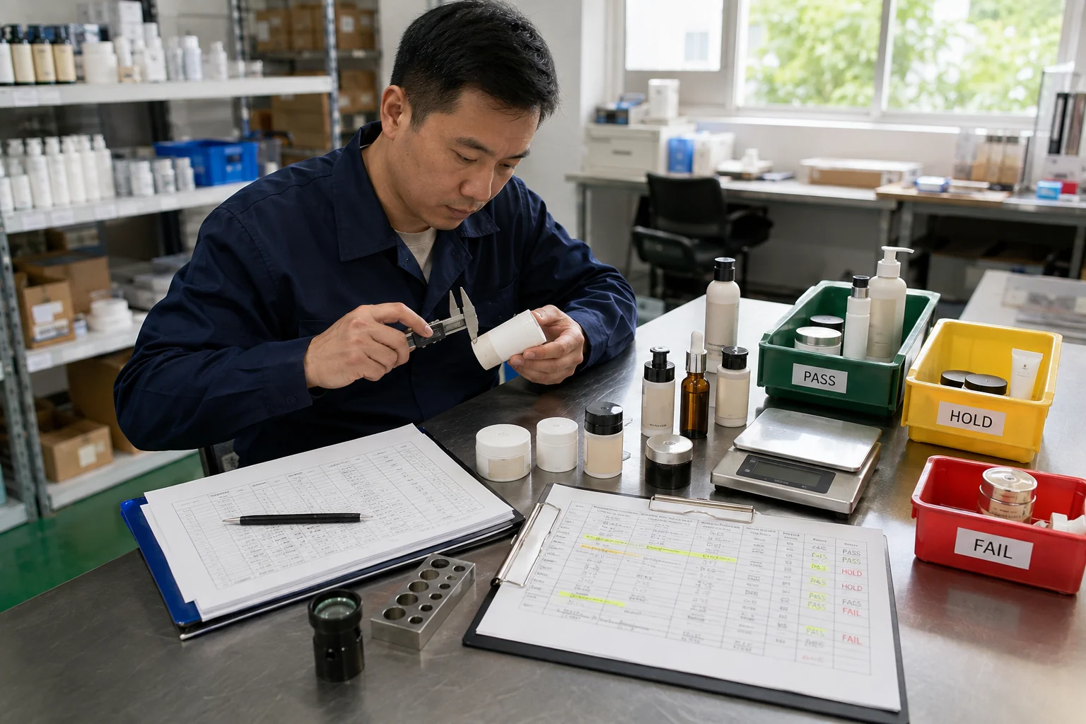 Worker inspects a cosmetic container beside test bins and a private-label production checklist.