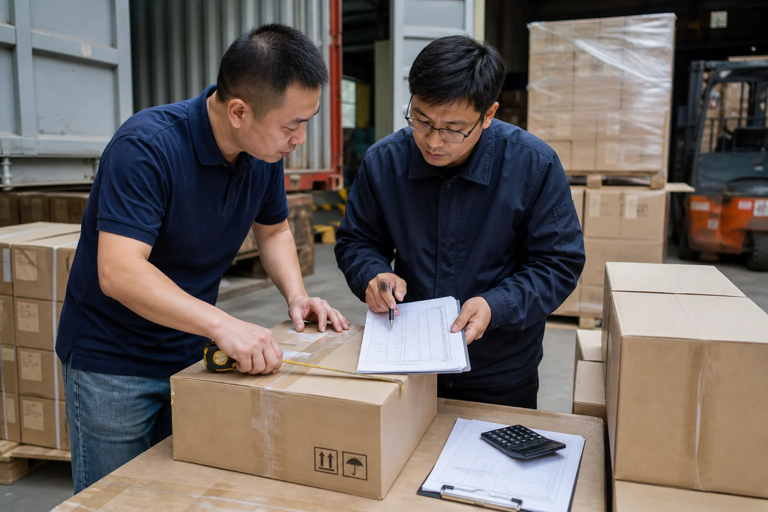 Warehouse staff measure a shipping carton and review cargo details before quoting freight.