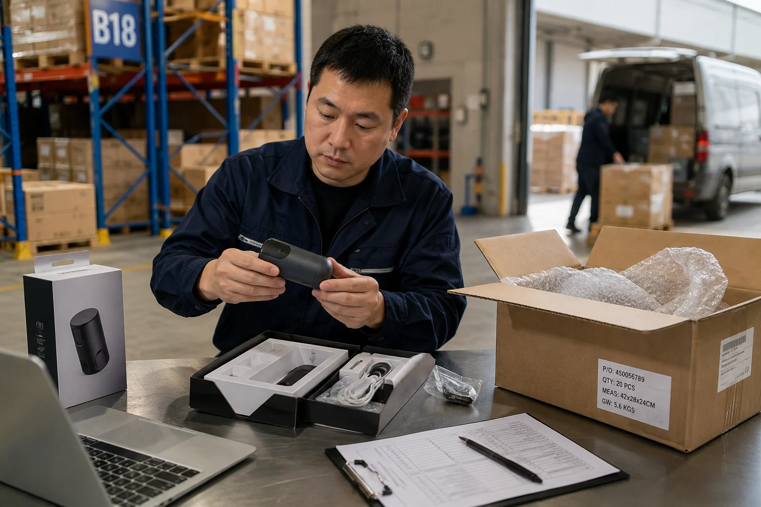 Warehouse worker checks a test-order product, packaging, and dispatch paperwork.