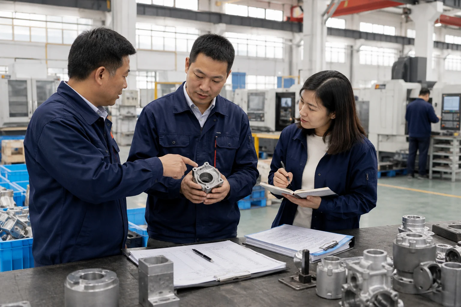 Buyer and factory team discuss a manufactured component with production notes.