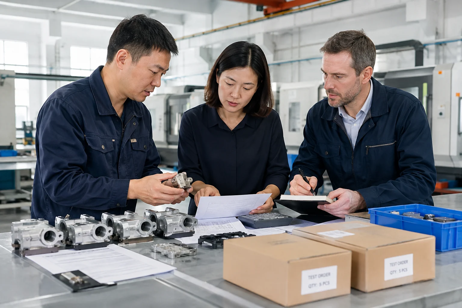 Procurement team compares test parts and records while qualifying a backup supplier.