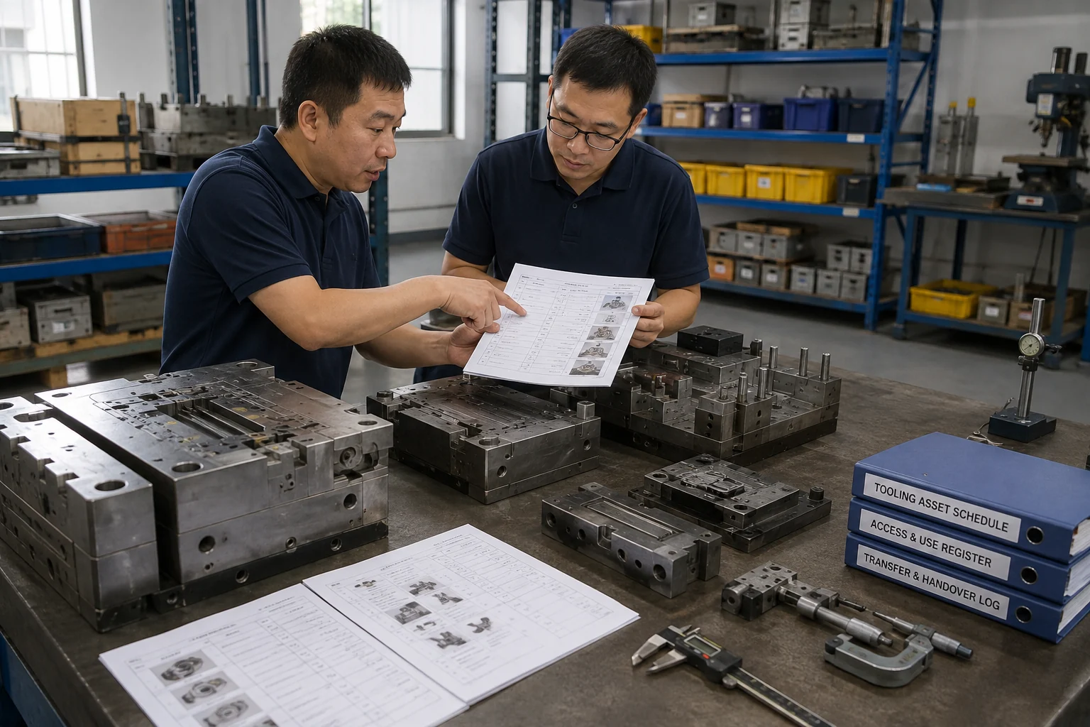 Factory team reviews injection molds, tooling records, and ownership documentation.