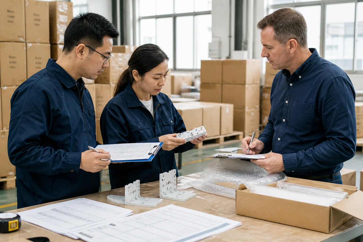 Buyer and quality staff review inspected goods and release documents before final payment.