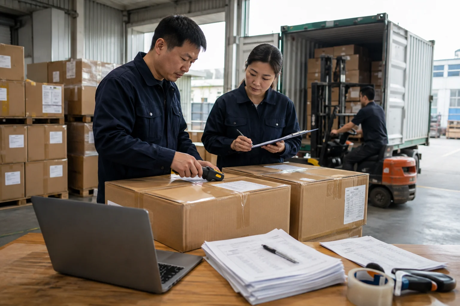 Warehouse staff measure and document cartons before container loading.