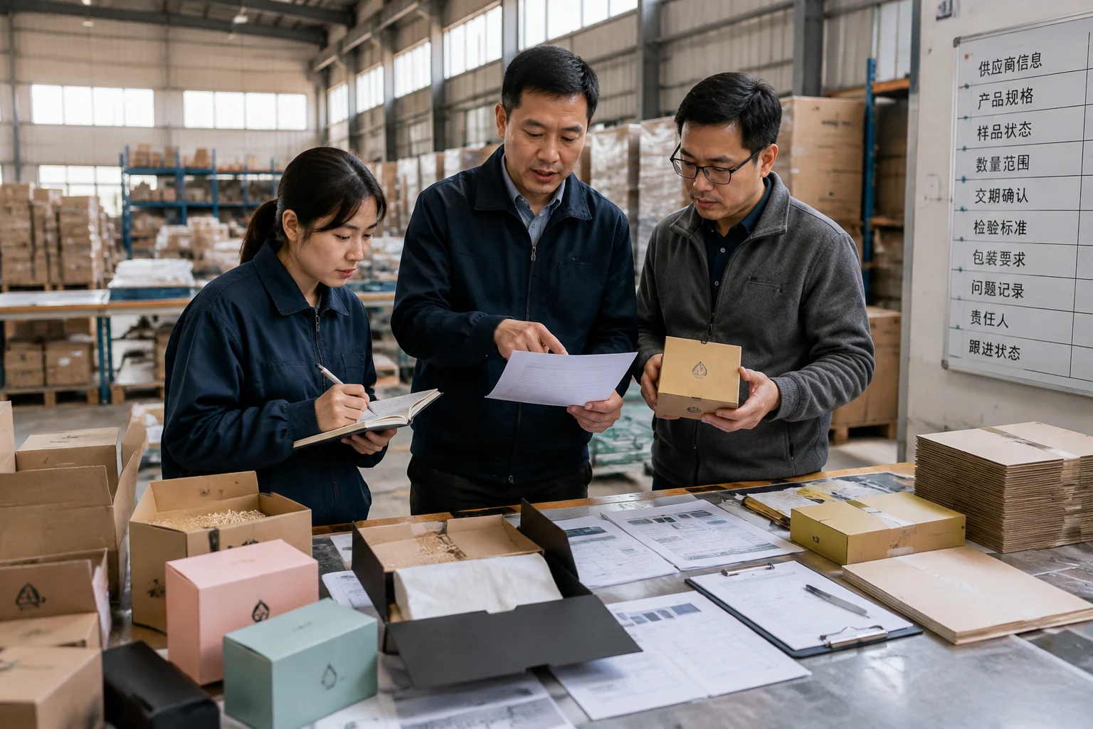 Subscription-box team compares packaging samples and supplier records.