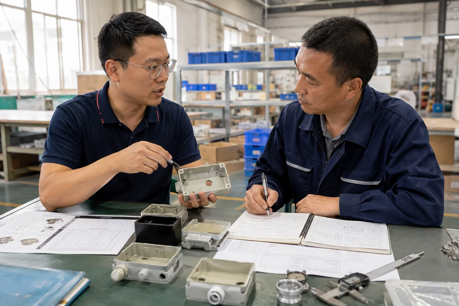 Factory staff discuss a machined component and update the order follow-up record.