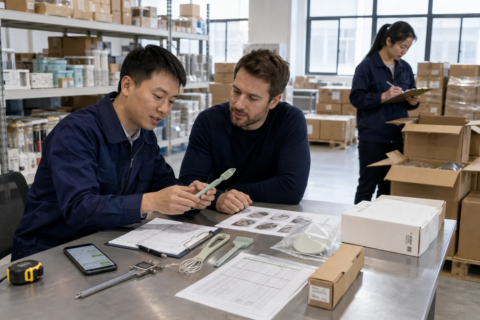 Buyer reviews an unbranded product sample with a supplier in a mixed-goods warehouse.
