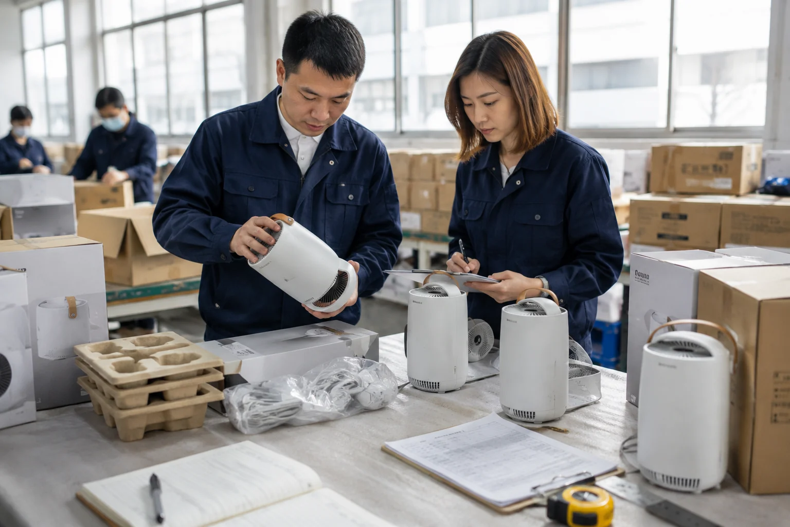 Quality staff inspect small home-appliance samples and protective packaging.