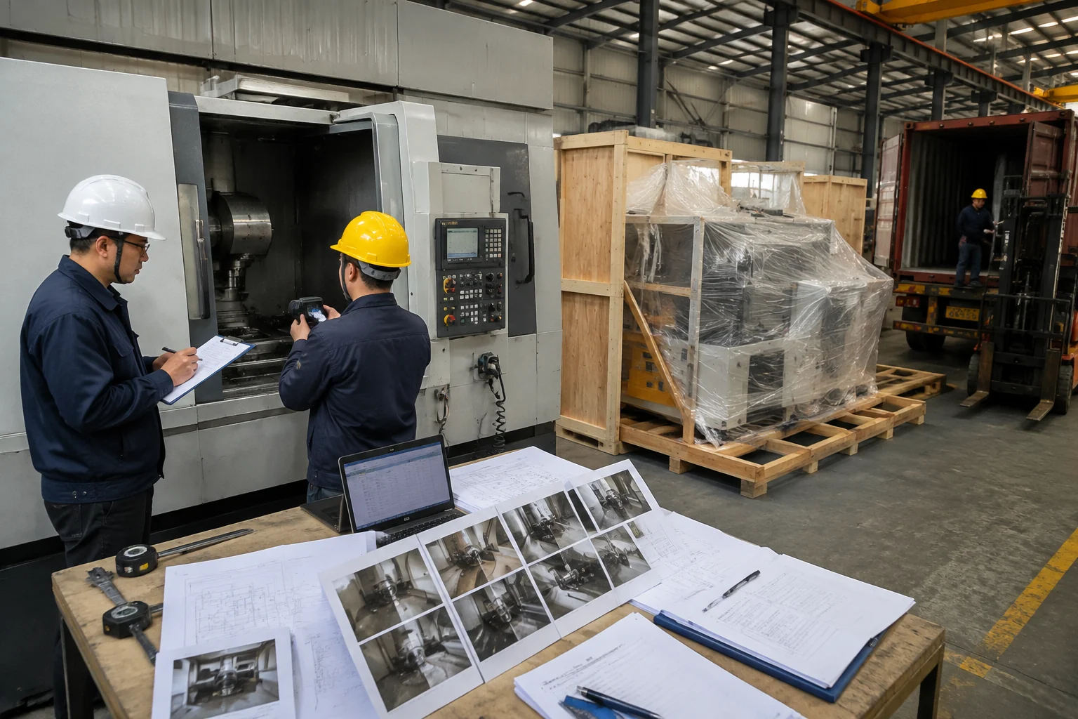 Inspectors review used machinery condition with photographs and a checklist.