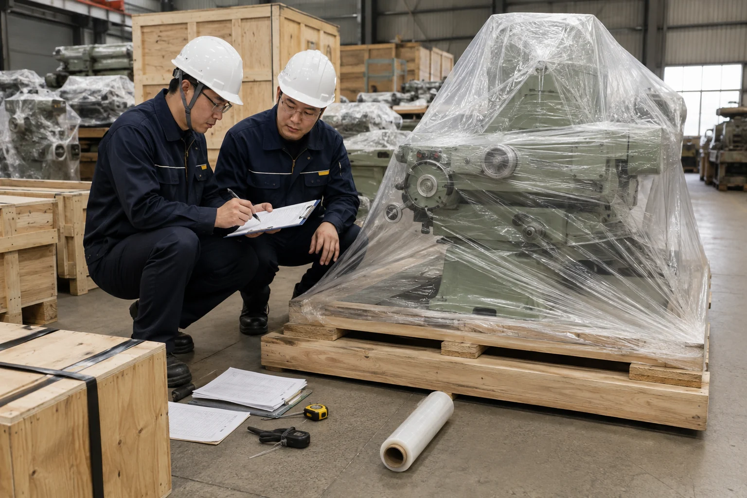 Warehouse staff inspect and wrap used machinery for export packing.