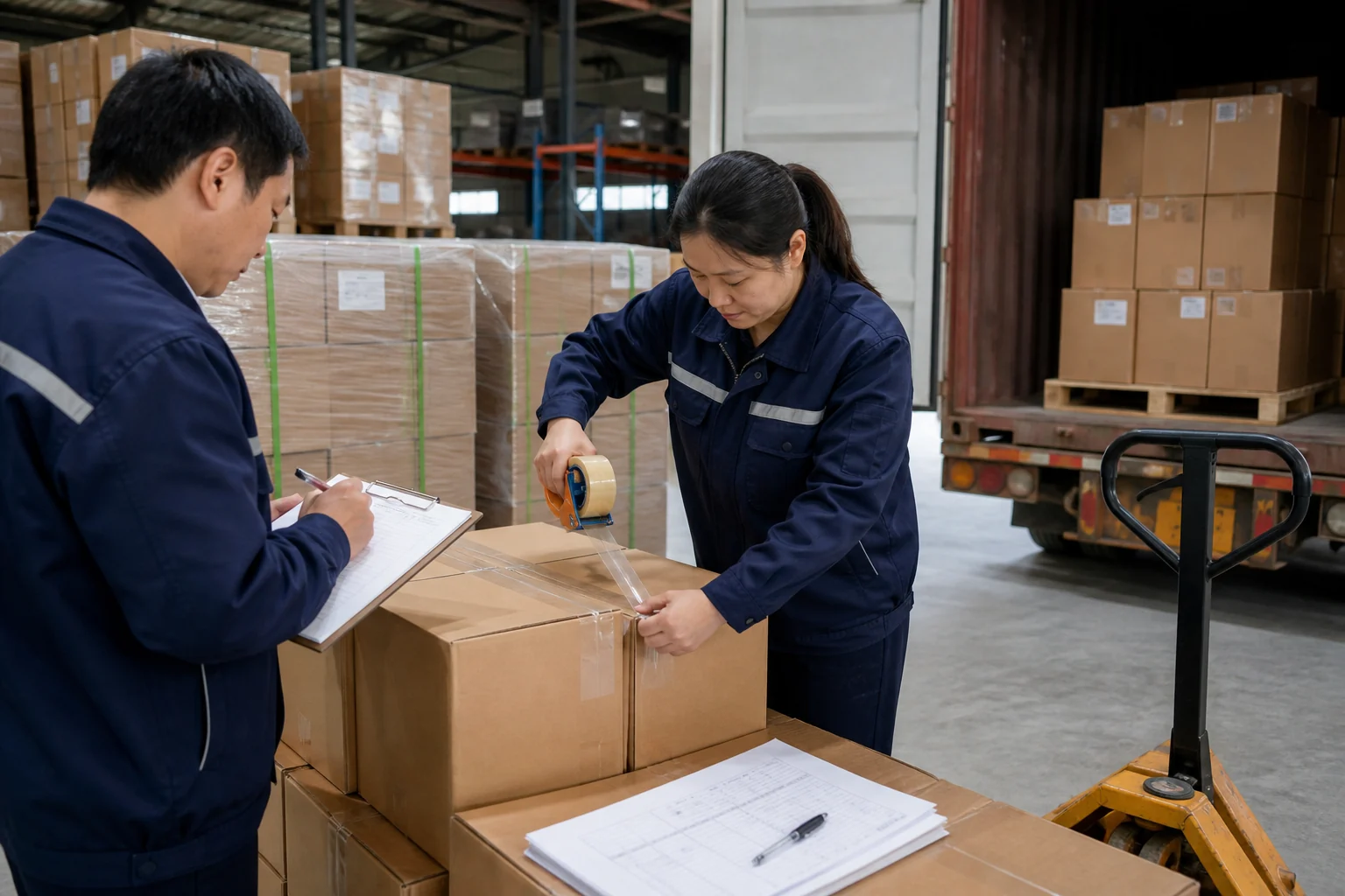 Warehouse team measures and records cartons before a supplier-verification shipment.