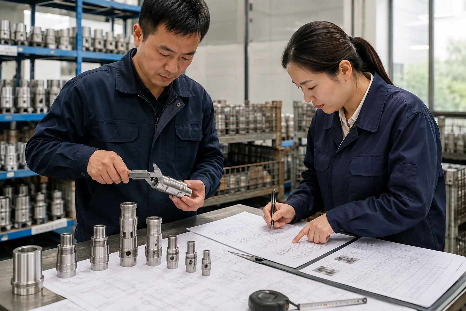 Inspectors measure machined parts against a product-specific quality checklist.