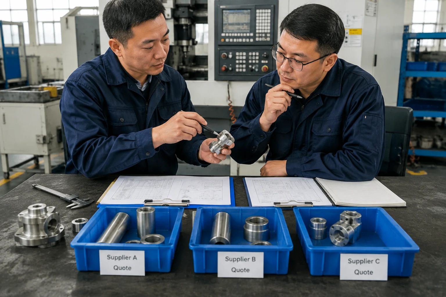 Factory staff compare three supplier sample bins with matching quotation records.