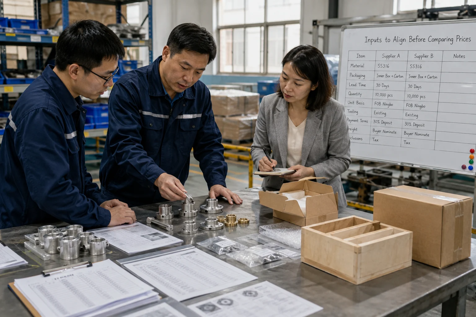 Procurement team aligns materials, packaging, and lead-time records before comparing prices.