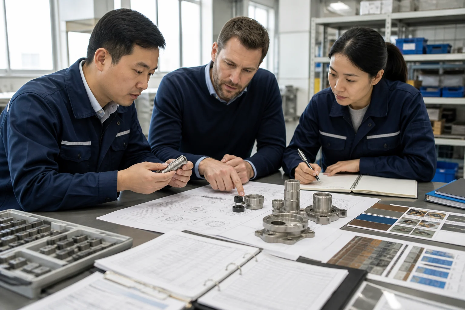 Buyer and factory team review metal-part specifications, samples, and finish options.