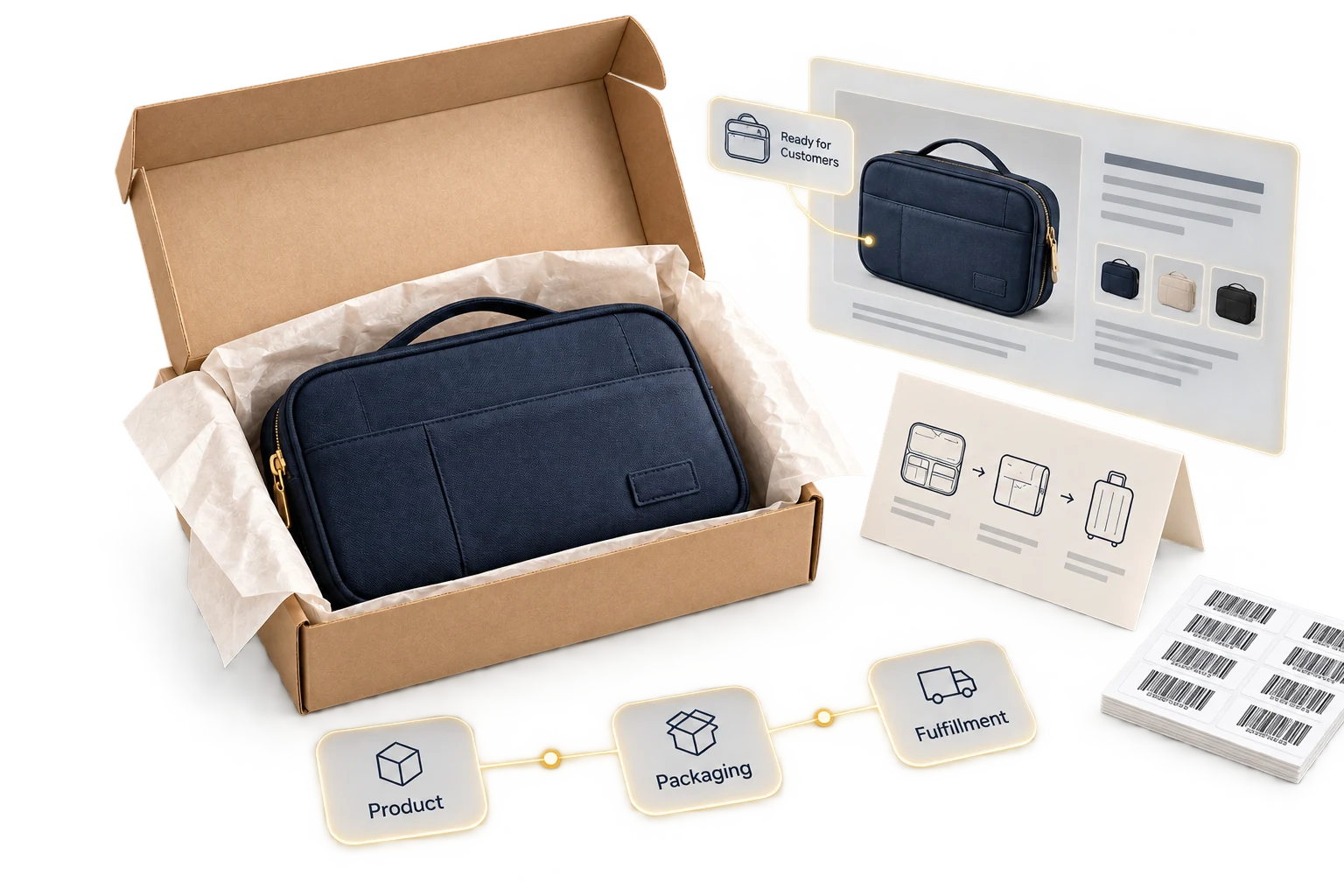 E-commerce sourcing illustration with a travel organizer, product listing, packaging and fulfillment labels.