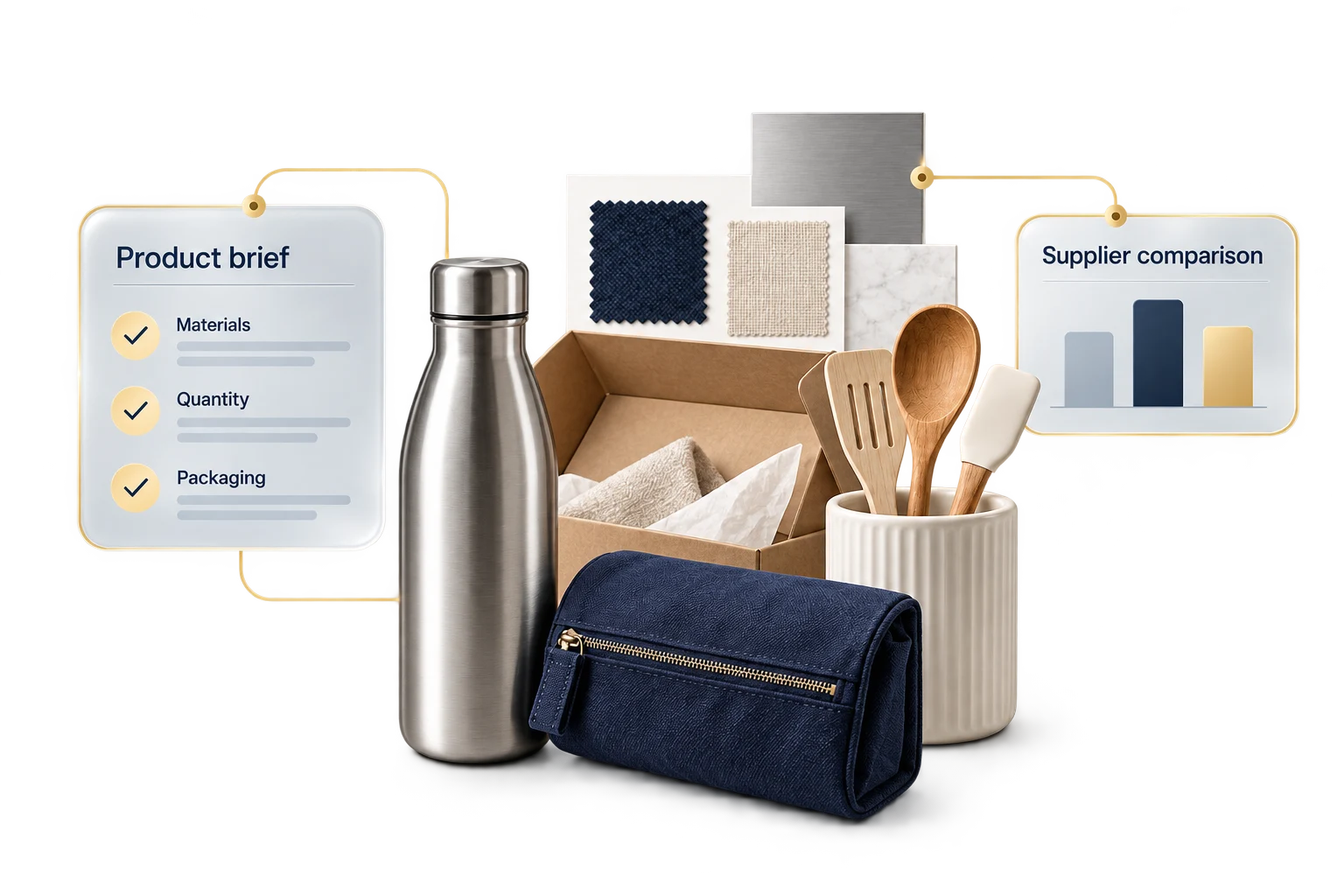 Product sourcing illustration: samples, material swatches, a product brief and supplier comparison.