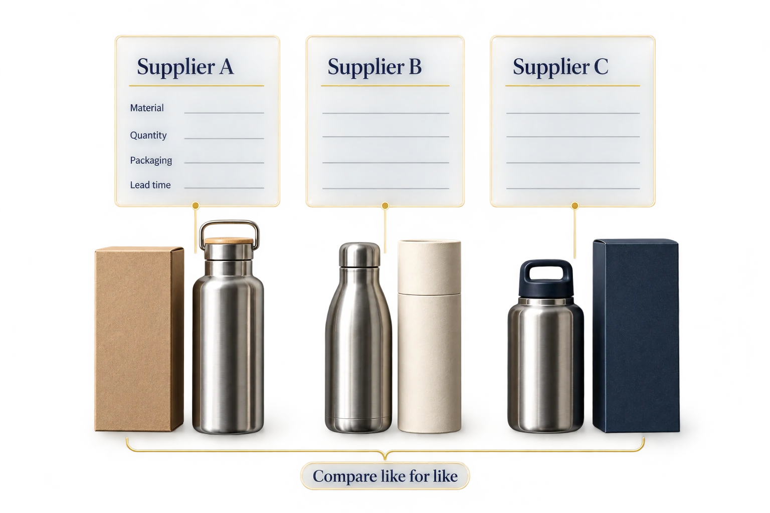 Quotation comparison illustration with three supplier worksheets, bottle samples and different packaging.