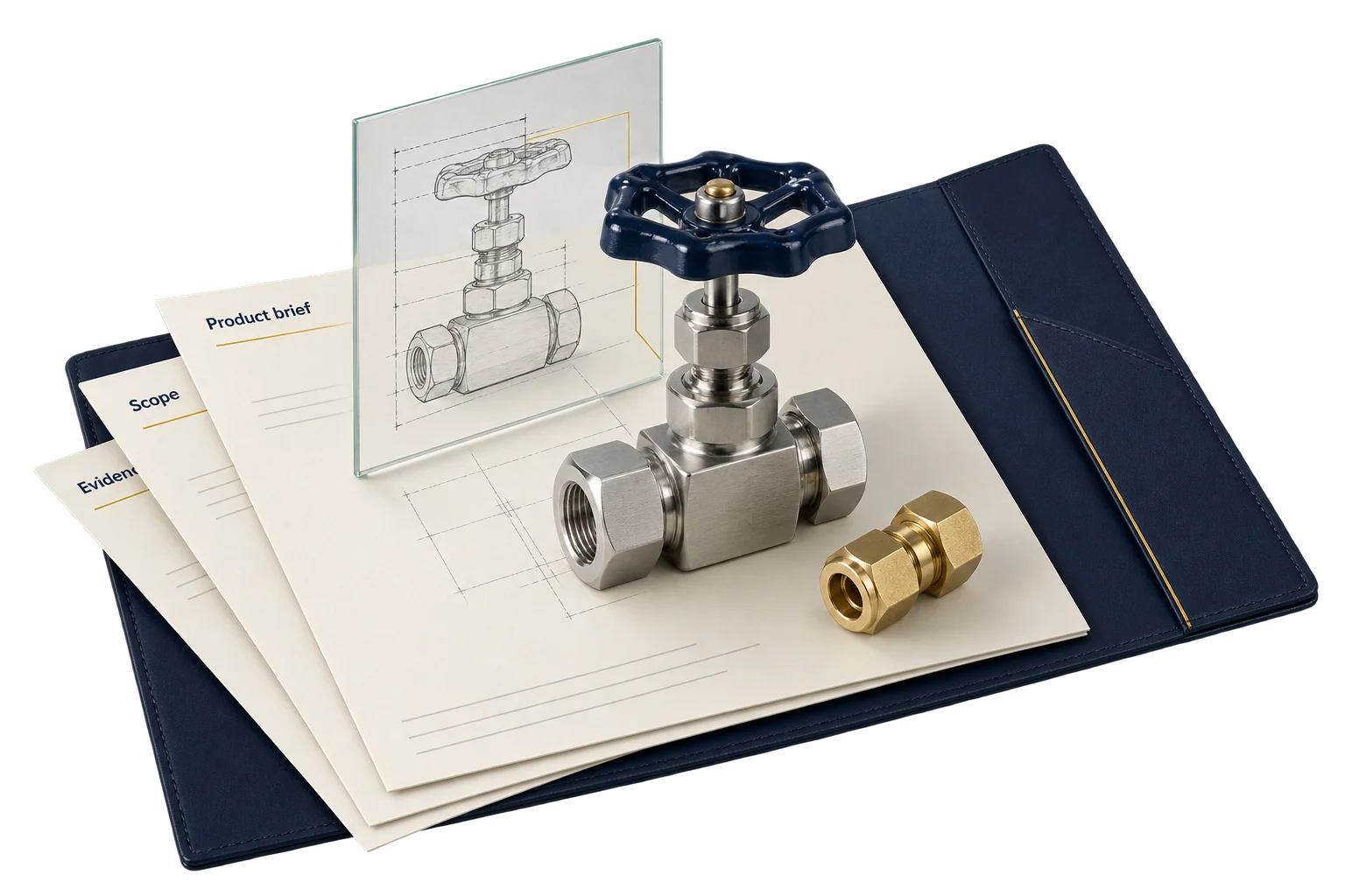 A valve sample and comparable supplier briefs illustrate reviewing a sourcing agent against one clear requirement.