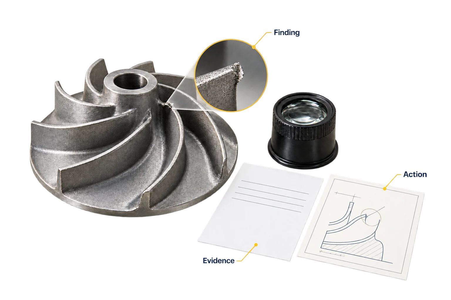 An impeller edge, inspection loupe and issue record show how a sourcing example connects a finding with evidence and an action.