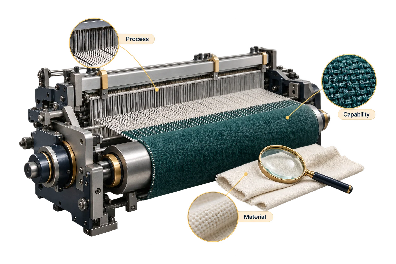 A loom mechanism and woven sample illustrate checking the manufacturing process behind a supplier’s offer.