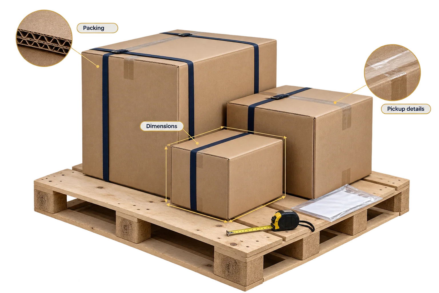 Packed cartons, a measuring tape and shipment records illustrate the cargo details needed to arrange factory collection.