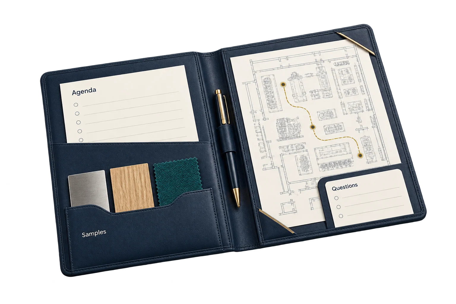 A factory agenda, layout drawing and material samples illustrate preparing the questions and checks for a supplier visit.