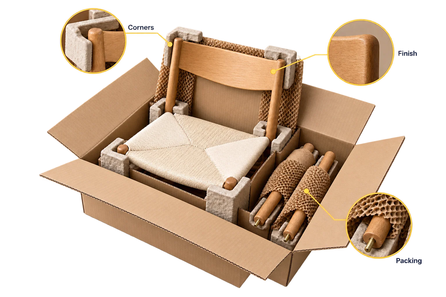 An oak chair, protective corners and corrugated carton show how furniture surfaces and edges can be protected during handling.