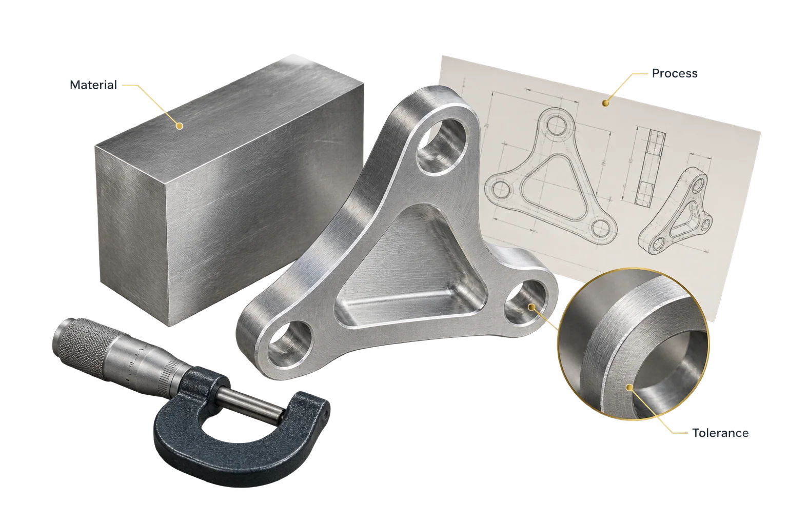 An aluminum billet, machined bracket and measuring tool illustrate checking a factory’s process and tolerance capability.
