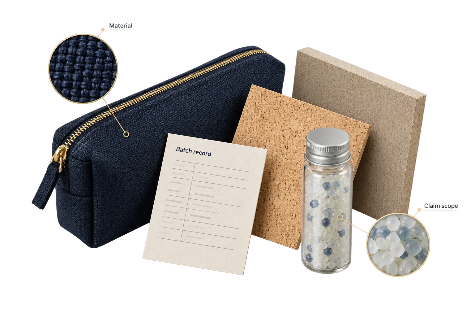 Textile, cork and packaging samples sit beside a batch record to illustrate checking the basis of a material claim.