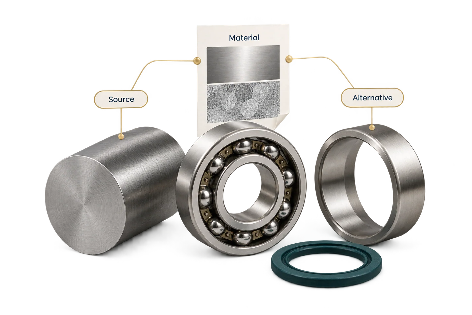 A bearing, steel input and material record illustrate reviewing supply dependencies and alternative sources.